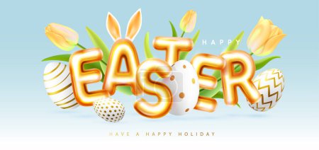 Illustration for Happy Easter typography background with colorful easter eggs, tulips and 3D text. Greeting card or poster. Vector illustration - Royalty Free Image