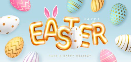 Téléchargez les illustrations : Happy Easter typography background with colorful easter eggs and 3D text. Greeting card or poster. Vector illustration - en licence libre de droit
