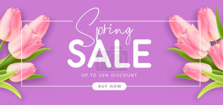 Téléchargez les illustrations : Spring big sale poster with realistic full blossom tulips on purple background. Vector illustration - en licence libre de droit