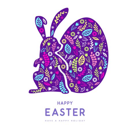 Illustration for Easter egg and rabbit silhouette with decorative floral ornament. Happy Easter holiday background. Greeting card or poster. Vector illustration - Royalty Free Image