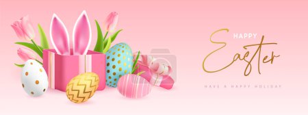 Ilustración de Feliz fondo tipográfico de Pascua con coloridos huevos de Pascua, caja de regalo abierta y orejas de conejo. Tarjeta de felicitación o póster. Ilustración vectorial - Imagen libre de derechos