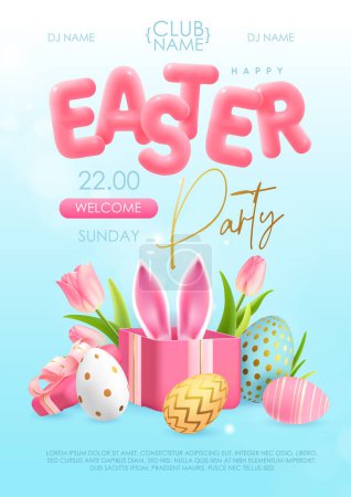 Illustration for Happy Easter typography party poster with colorful easter eggs, open gift box and 3D text. Greeting card or poster. Vector illustration - Royalty Free Image