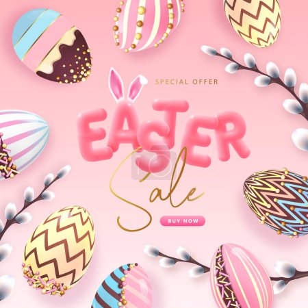 Illustration for Happy Easter typography big sale poster with colorful chocolate easter eggs and willow branch. Greeting card or poster. Vector illustration - Royalty Free Image