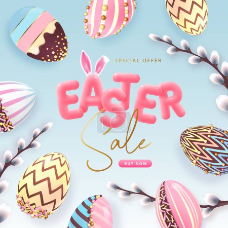 Téléchargez les illustrations : Happy Easter typography big sale poster with colorful chocolate easter eggs and willow branch. Greeting card or poster. Vector illustration - en licence libre de droit