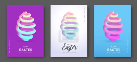 Téléchargez les illustrations : Set of Easter modern covers with flow gradient 3D easter eggs. Set of posters, greeting cards or banners. Vector illustration - en licence libre de droit