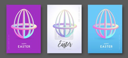 Téléchargez les illustrations : Ensemble de couvertures modernes de Pâques avec dégradé de flux 3D oeufs de Pâques. Ensemble d'affiches, de cartes de voeux ou de bannières. Illustration vectorielle - en licence libre de droit