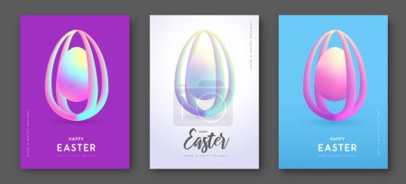 Illustration for Set of Easter modern covers with flow gradient 3D easter eggs. Set of posters, greeting cards or banners. Vector illustration - Royalty Free Image