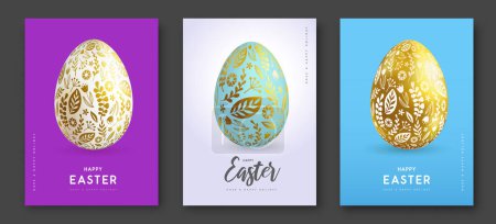 Téléchargez les illustrations : Ensemble de couvertures modernes de Pâques avec des œufs de Pâques ornementaux 3D. Ensemble d'affiches, de cartes de voeux ou de bannières. Illustration vectorielle - en licence libre de droit