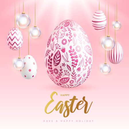 Illustration for Happy Easter holiday background with easter eggs and floral ornament. Greeting card or poster. Vector illustration - Royalty Free Image