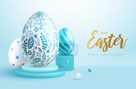 Téléchargez les illustrations : Happy Easter holiday background with easter eggs and floral ornament. Greeting card or poster. Vector illustration - en licence libre de droit