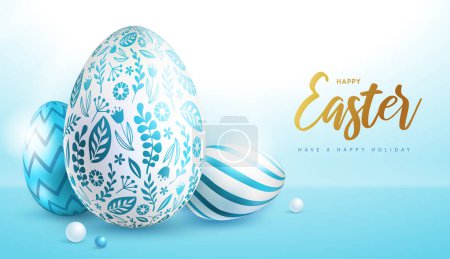 Téléchargez les illustrations : Happy Easter holiday background with easter eggs and floral ornament. Greeting card or poster. Vector illustration - en licence libre de droit