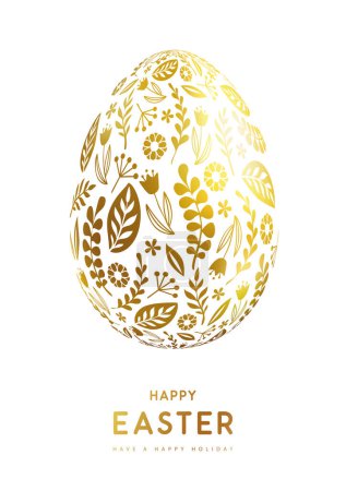 Téléchargez les illustrations : Easter egg with gold floral ornament on white background. Happy Easter holiday background. Greeting card or poster. Vector illustration - en licence libre de droit