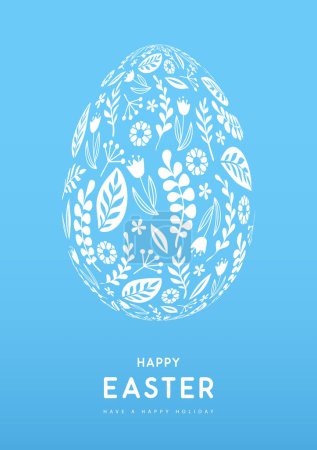 Téléchargez les illustrations : Silhouette d'oeuf de Pâques avec ornement floral sur fond bleu. Joyeux fond de vacances de Pâques. Carte de voeux ou affiche. Illustration vectorielle - en licence libre de droit