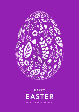 Illustration for Easter egg silhouette with floral ornament on violet background. Happy Easter holiday background. Greeting card or poster. Vector illustration - Royalty Free Image