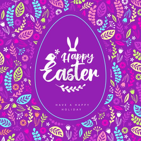 Téléchargez les illustrations : Easter egg silhouette on decorative floral ornament. Happy Easter holiday background. Greeting card or poster. Vector illustration - en licence libre de droit