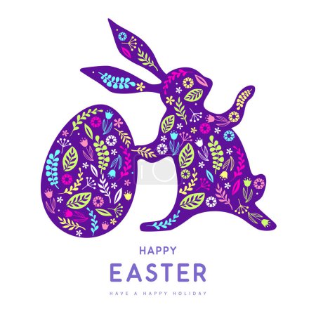 Téléchargez les illustrations : Easter egg and rabbit silhouette with decorative floral ornament. Happy Easter holiday background. Greeting card or poster. Vector illustration - en licence libre de droit