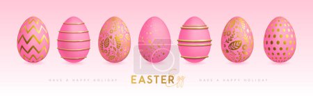 Ilustración de Set of pink easter eggs with golden elements.  Happy Easter holiday background. Greeting card or poster. Vector illustration - Imagen libre de derechos