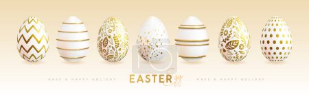 Ilustración de Conjunto de huevos blancos de Pascua con elementos dorados. Feliz Pascua fondo de vacaciones. Tarjeta de felicitación o póster. Ilustración vectorial - Imagen libre de derechos