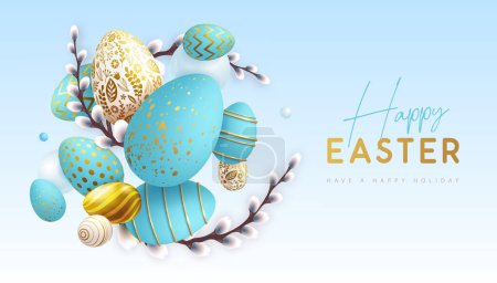 Ilustración de Happy Easter holiday background with blue Easter eggs and willow branches. Greeting card or poster. Vector illustration - Imagen libre de derechos