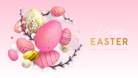 Téléchargez les illustrations : Happy Easter holiday background with pink Easter eggs and willow branches. Greeting card or poster. Vector illustration - en licence libre de droit