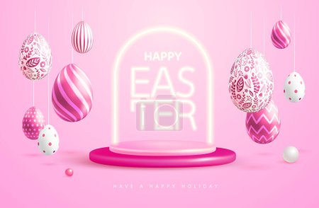 Illustration for Happy Easter holiday background with pink easter eggs and neon frame. Greeting card or poster. Vector illustration - Royalty Free Image