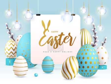 Téléchargez les illustrations : Happy Easter holiday background with blue easter eggs and willow branches. Greeting card or poster. Vector illustration - en licence libre de droit