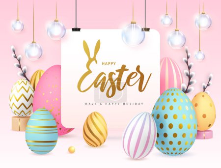 Téléchargez les illustrations : Happy Easter holiday background with colorful  Easter eggs and willow branches. Greeting card or poster. Vector illustration - en licence libre de droit