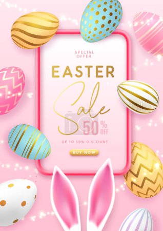 Téléchargez les illustrations : Happy Easter typography big sale poster with colorful easter eggs and rabbit ears. Greeting card or poster. Vector illustration - en licence libre de droit