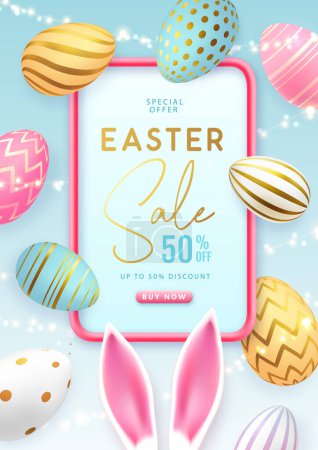 Photo for Happy Easter typography big sale poster with colorful easter eggs and rabbit ears. Greeting card or poster. Vector illustration - Royalty Free Image