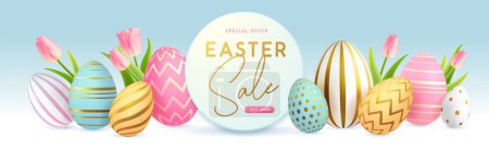 Téléchargez les illustrations : Happy Easter typography big sale poster with colorful easter eggs and spring tulips. Greeting card or poster. Vector illustration - en licence libre de droit