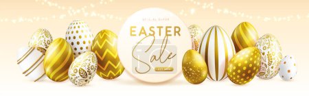 Téléchargez les illustrations : Happy Easter typography big sale poster with gold easter eggs and string of lights. Greeting card or poster. Vector illustration - en licence libre de droit