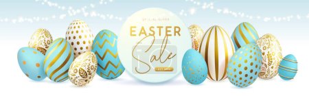 Happy Easter typography big sale poster with blue easter eggs and string of lights. Greeting card or poster. Vector illustration