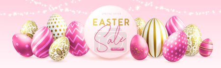 Illustration for Happy Easter typography big sale poster with pink easter eggs and string of lights. Greeting card or poster. Vector illustration - Royalty Free Image