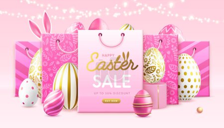 Ilustración de Feliz Pascua tipografía gran cartel de venta con huevos de Pascua rosa y bolsas de compras. Tarjeta de felicitación o póster. Ilustración vectorial - Imagen libre de derechos