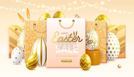 Illustration for Happy Easter typography big sale poster with gold easter eggs and shopping bags. Greeting card or poster. Vector illustration - Royalty Free Image