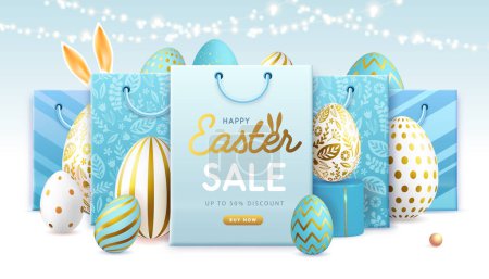 Illustration for Happy Easter typography big sale poster with blue easter eggs and shopping bags. Greeting card or poster. Vector illustration - Royalty Free Image