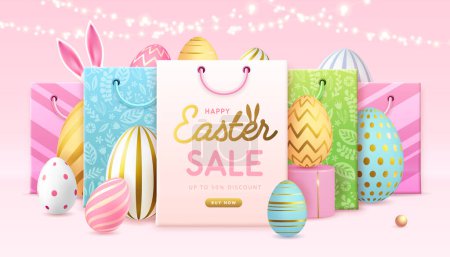 Illustration for Happy Easter typography big sale poster with colorful easter eggs and shopping bags. Greeting card or poster. Vector illustration - Royalty Free Image