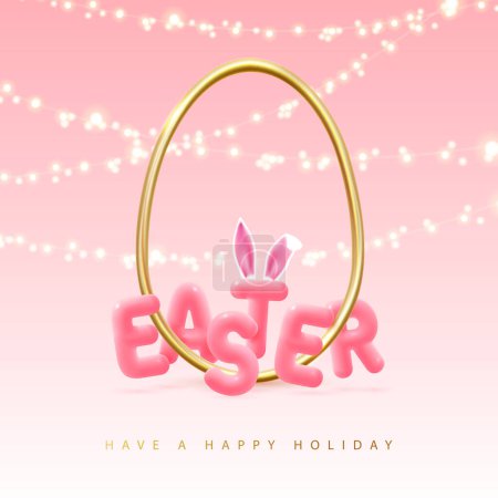 Téléchargez les illustrations : Happy Easter typography background with golden easter egg metal silhouette and 3D text. Greeting card or poster. Vector illustration - en licence libre de droit