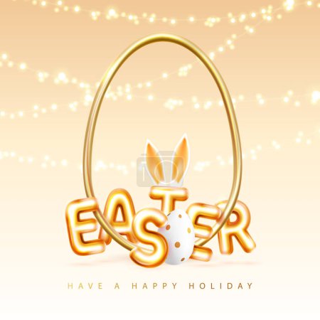 Illustration for Happy Easter typography background with golden easter egg metal silhouette and 3D text. Greeting card or poster. Vector illustration - Royalty Free Image