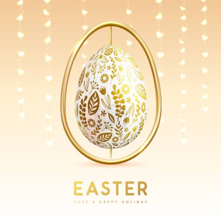 Ilustración de Happy Easter typography background with golden easter egg and string of lights. Greeting card or poster. Vector illustration - Imagen libre de derechos