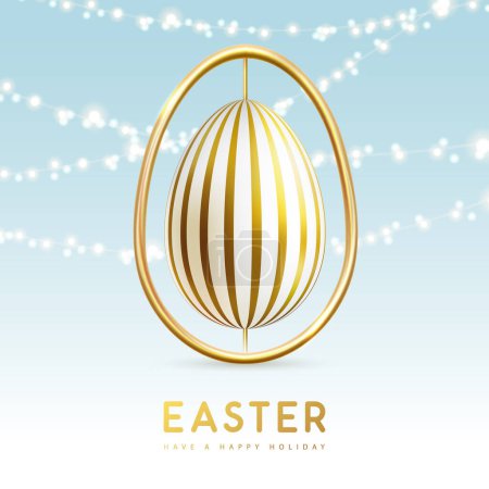 Illustration for Happy Easter typography background with golden easter egg and string of lights. Greeting card or poster. Vector illustration - Royalty Free Image