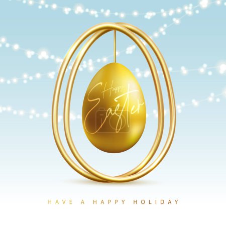 Téléchargez les illustrations : Happy Easter typography background with golden easter egg and string of lights Greeting card or poster. Vector illustration - en licence libre de droit