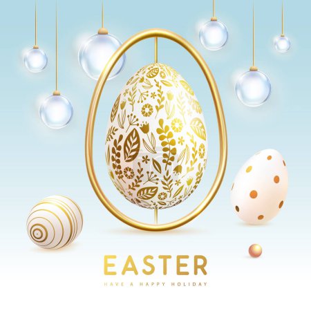 Téléchargez les illustrations : Happy Easter typography background with golden easter egg and electric lamps. Greeting card or poster. Vector illustration - en licence libre de droit
