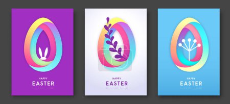 Ilustración de Conjunto de tarjetas de felicitación fluidas de Pascua con huevos de Pascua y elementos decorativos florales. Estilo plano. Set de Fundas Modernas de Pascua. Ilustración vectorial - Imagen libre de derechos
