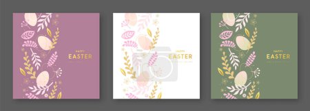 Téléchargez les illustrations : Ensemble de jolies cartes de vœux de Pâques avec des œufs de Pâques et des éléments décoratifs floraux. Style plat. Ensemble de couvertures de Pâques modernes. Illustration vectorielle - en licence libre de droit