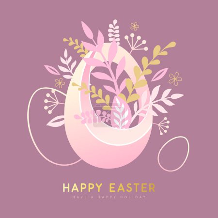 Téléchargez les illustrations : Happy Easter eggs with floral decorative elements. Flat style. Modern Easter background. Greeting card or poster. Vector illustration - en licence libre de droit
