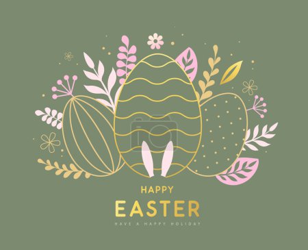Illustration for Happy Easter eggs with floral decorative elements and rabbit ears. Flat style. Modern Easter background. Greeting card or poster. Vector illustration - Royalty Free Image