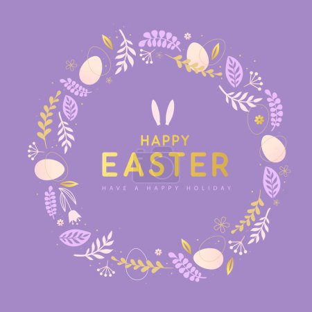 Téléchargez les illustrations : Happy Easter eggs with floral decorative elements and rabbit ears. Flat style. Modern Easter background. Greeting card or poster. Vector illustration - en licence libre de droit