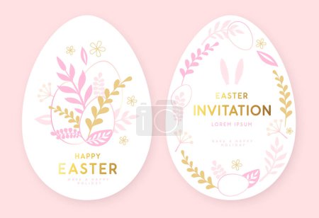 Téléchargez les illustrations : Happy Easter eggs with floral decorative elements and rabbit ears. Invitation design. Flat style. Modern Easter background. Greeting card or poster. Vector illustration - en licence libre de droit