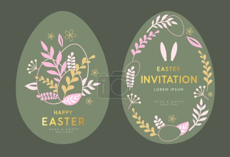 Illustration for Happy Easter eggs with floral decorative elements and rabbit ears. Invitation design. Flat style. Modern Easter background. Greeting card or poster. Vector illustration - Royalty Free Image
